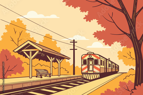 commuter train approaching a small station in deerfield illinois during a crisp autumn morning