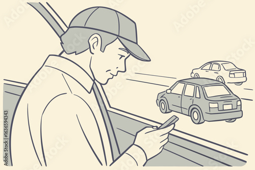 commuter checking a mobile app for live updates on illinois road conditions during early morning traffic