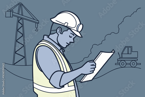 construction worker in Illinois checking a payslip under dim lighting, industrial site background