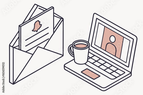 envelope labeled “claim notice” next to a laptop showing the illinois unclaimed property database, coffee cup nearby