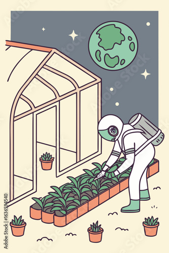Cartoon-style astronaut growing plants inside a moon greenhouse with Earth in background