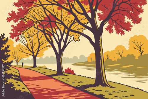 autumn park scene in Joliet Illinois, leafy trees framing a quiet path along the riverbank, serene and inviting ambiance
