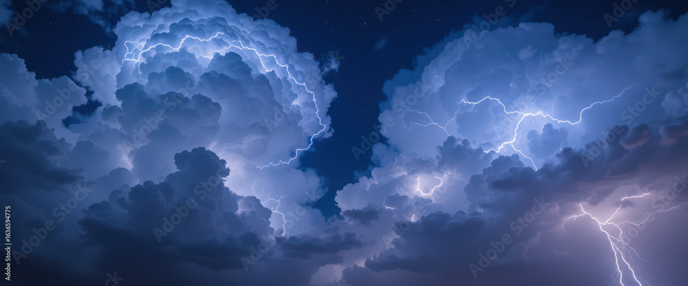 Naklejka premium Dramatic lightning storm night sky nature photography atmospheric conditions wide angle view energy and power
