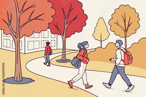 college students walking through Illinois State University campus in bloomington illinois during fall semester