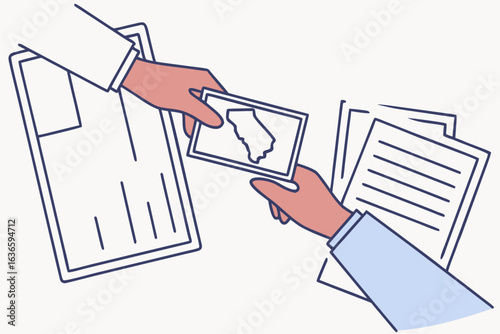 close-up of hands holding a check received from an illinois unclaimed property claim, personal documents in the background
