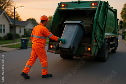 Dawn garbage pickup routine by sanitation worker on suburban street at sunrise