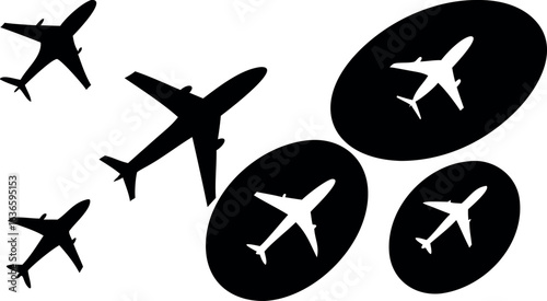 Silhouettes of airplanes flying in formation and individually