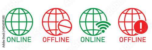 Online and Offline Internet Connection Icon Set – Globe with Good and No Signal Symbols in Red and Green