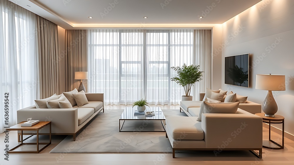 Fototapeta premium Contemporary living space with streamlined furniture and a neutral color palette under soft lighting.
