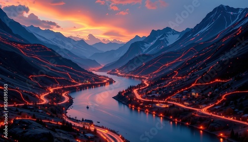 a breathtaking night view of a mountainous region with red light illuminating a road snaking through it