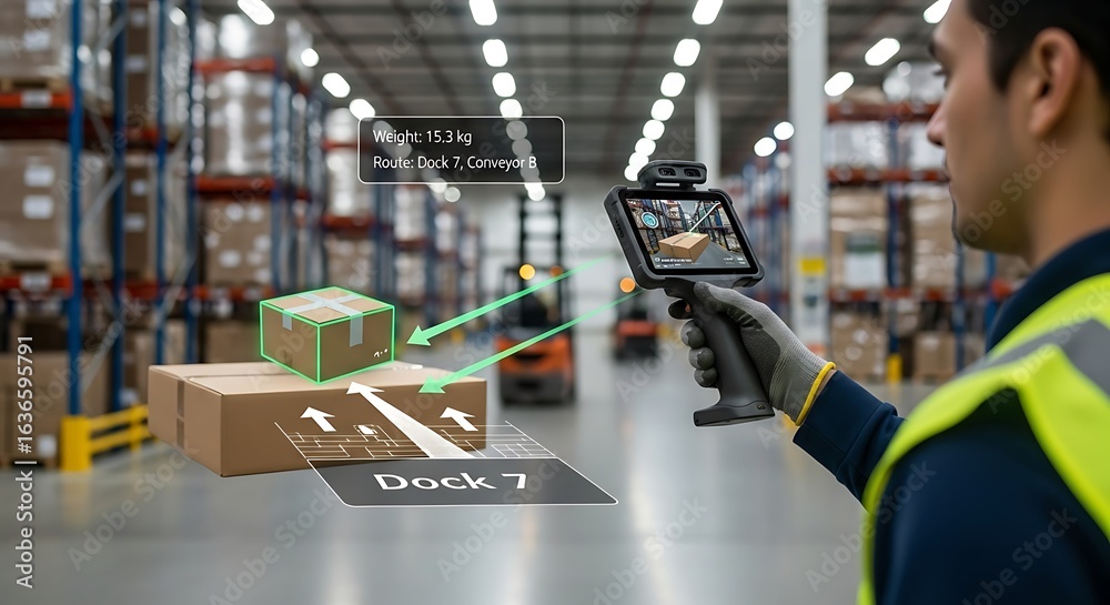 Fototapeta premium Worker utilizing augmented reality to manage logistics in a modern warehouse setting with