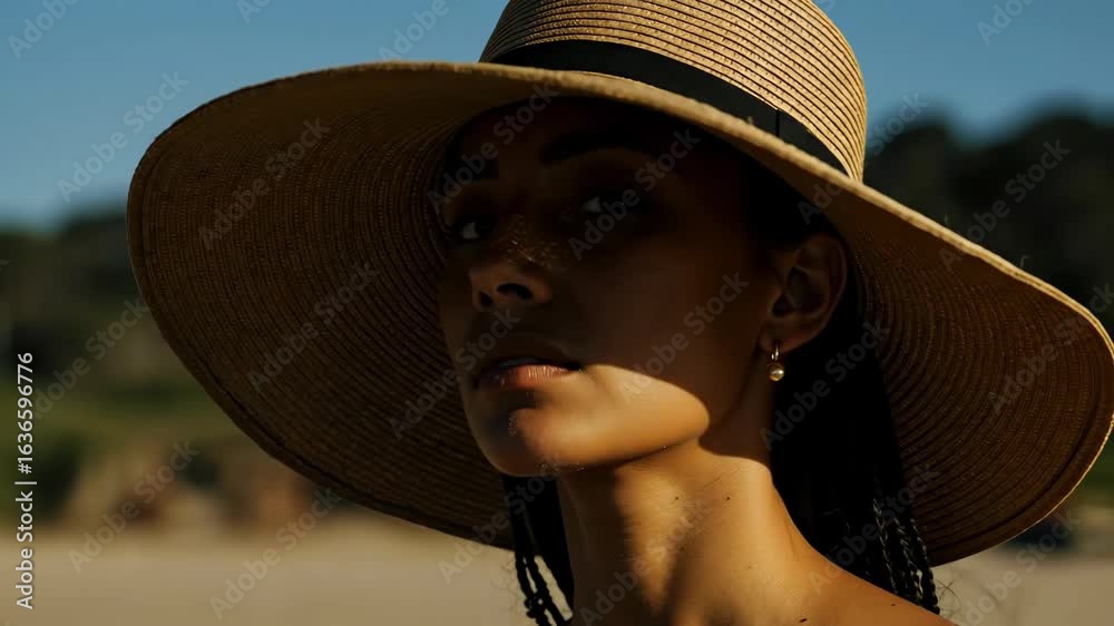 Woman wide brimmed straw hat golden sunset lighting portrait peaceful expression. Summer fashion outdoor lifestyle concept. Fashion services portrait photography summer lifestyle banner