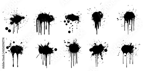 Ink drops and splashes. Blotter spots, liquid paint drip drop splash and ink splatter. Artistic dirty grunge abstract spot vector set. Illustration monochrome drip splash, splat messy inkblot