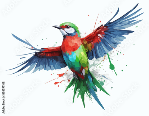  The artwork has a watercolor or paint-splatter style, with splotches of green paint around the lower part of the bird. The parrot's body is primarily green, with a red neck and chest, and a bright re