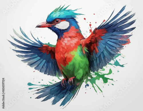 The artwork has a watercolor or paint-splatter style, with splotches of green paint around the lower part of the bird. The parrot's body is primarily green, with a red neck and chest, and a bright re