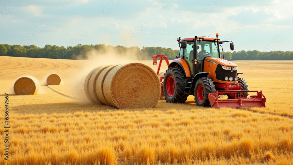 Fototapeta premium Tractor rolling large round hay bales in field