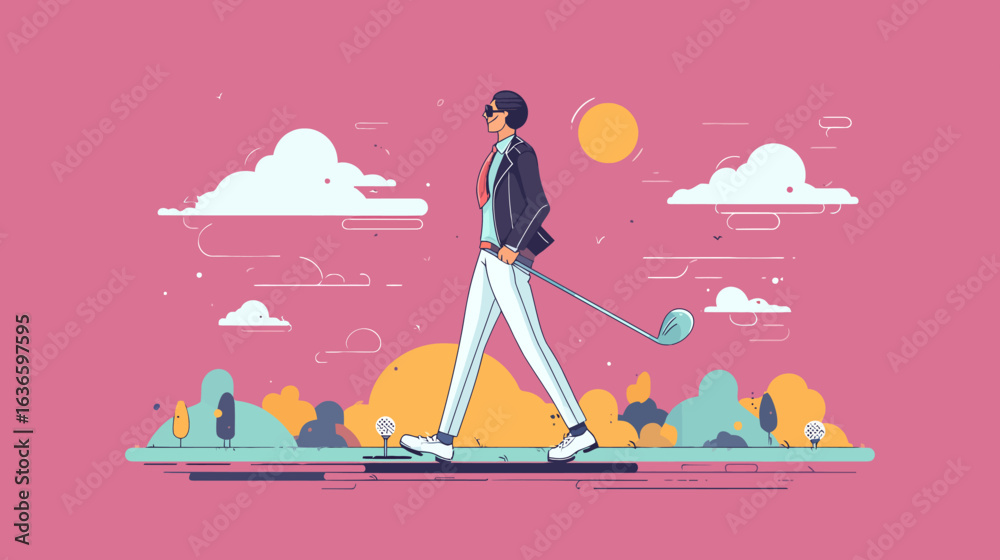 Fototapeta premium Flat vector illustration of a businessman focused playing golf.