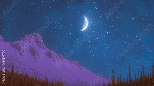 Purple snowy mountain landscape at night