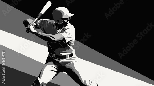 Minimalist flat vector illustration of a baseball player is swinging a bat. The player is wearing a helmet and a baseball glove. The bat is in the air and the player is in motion