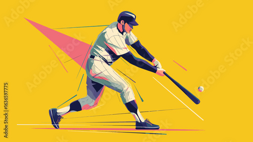 Minimalist flat vector illustration of a baseball player is swinging a bat. The player is wearing a helmet and a baseball glove. The bat is in the air and the player is in motion