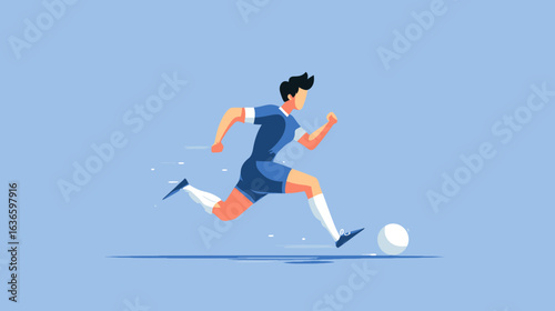 minimalist flat vector illustration of soccer player character in a running position while carrying the ball pose