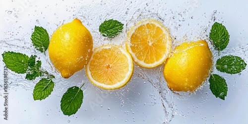 Group of lemons with mint on wet surface for freshness concept
