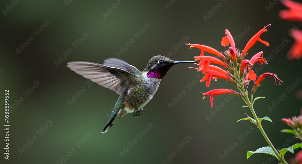 Fototapeta premium Hummingbird Feeding on the Nectar of Vibrant Red Flowers in a Natural Setting