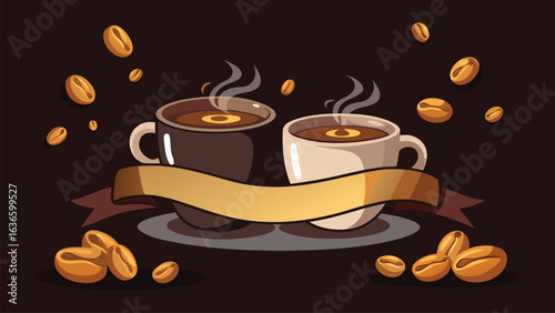 Two steaming coffee cups with golden ribbon and scattered coffee beans hot drink