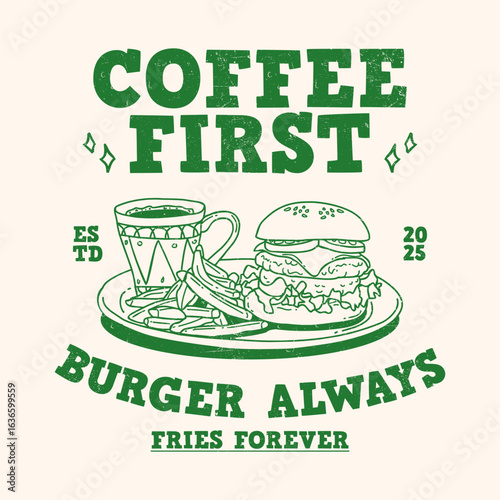 A hand-drawn vintage-style illustration featuring a classic burger, french and coffee, crafted with retro design This artwork showcases detailed linework and nostalgic textures, perfect for printing	
