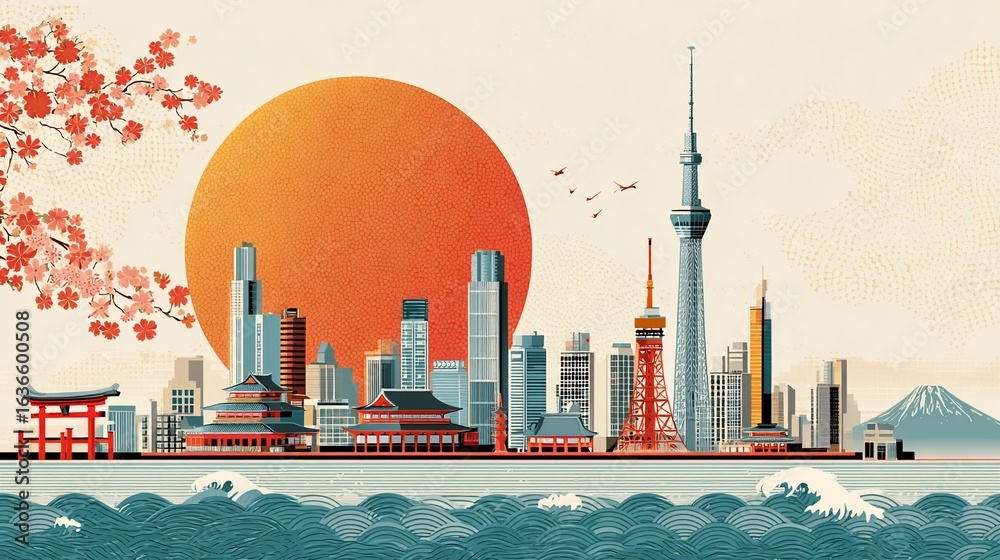 Obraz premium Illustrative Cityscape with Landmarks and Sunset in Japan