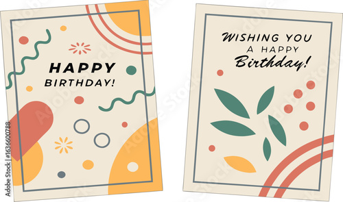 Happy Birthday Greeting Card Layout. abstract vector illustration of two colorful birthday greeting cards on a neutral background.