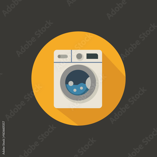 Flat vector icon of washing machine with circular door, representing laundry appliance, washer tool, home cleaning, and fabric care illustration
