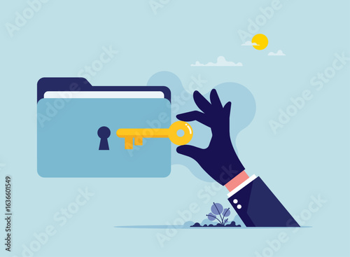 Concept of cybercrime or stealing of private data concept, theft steal private data, hand with key open huge folder with personal information