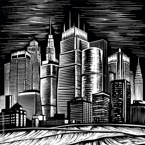Modern city skyline silhouette with tall buildings