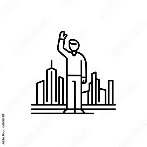 Man waving hand in cityscape outline vector illustration for greeting and city concept design one hundred