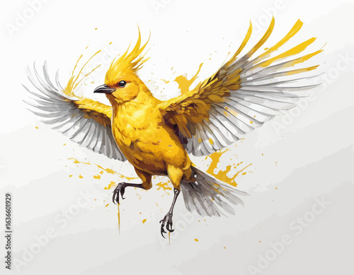  Its wings are a mix of yellow and white, and they are spread wide, as if just taking off or landing. The style of the image incorporates elements of watercolor or ink splatters, with splashes of y