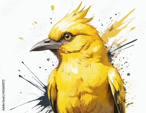  Its wings are a mix of yellow and white, and they are spread wide, as if just taking off or landing. The style of the image incorporates elements of watercolor or ink splatters, with splashes of y