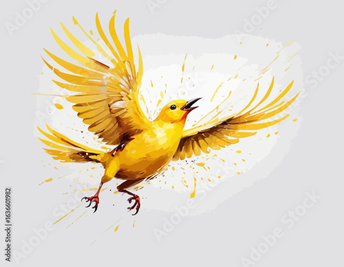  Its wings are a mix of yellow and white, and they are spread wide, as if just taking off or landing. The style of the image incorporates elements of watercolor or ink splatters, with splashes of y