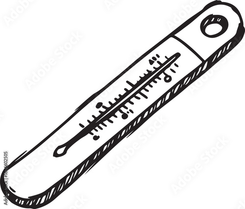 Hand drawn black and white illustration of a thermometer medical health