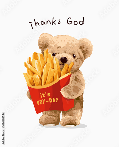 thanks god slogan with bear doll carrying French fries box vector illustration