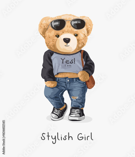 stylish girl slogan with cute girlish bear doll in blue jeans and sunglasses vector illustration