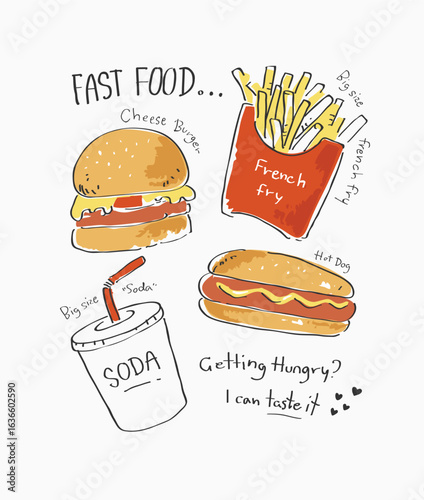 fast food slogan with hand drawn cartoon fast foods vector illustration