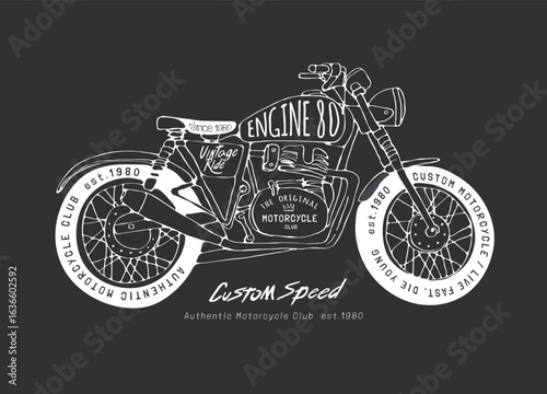 custom speed slogan with hand drawn vintage motorcycle line art vector illustration drawn by hand