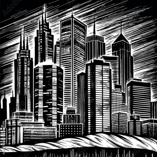 Modern city skyline silhouette with tall buildings