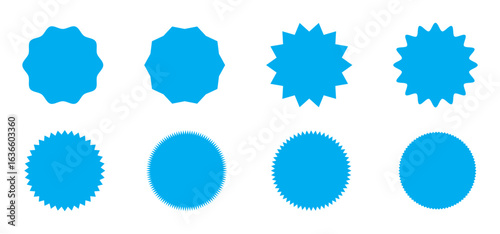 Sunburst sticker shapes. Rounded starburst zigzag badge, spiky oval, circle and star shaped price tag, discount and sale label stickers. Jagged silhouettes vector set.