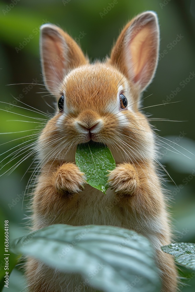 Fototapeta premium Adorable bunny munching on a green leaf in a natural setting