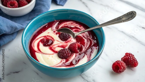 Deliciously swirled yogurt topped with fresh raspberries and a rich berry coulis in a teal bowl