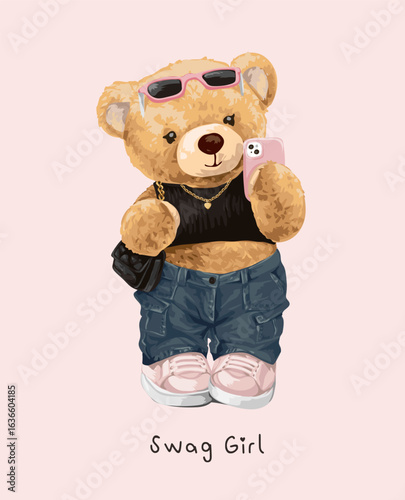 cute girly bear doll in crop top and blue jeans vector illustration