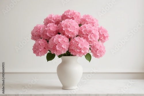 A bouquet of pink hydrangeas in a pristine white vase on a minimalist white surface