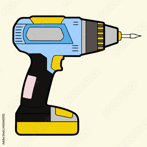 Power drill illustration, colorful design, modern style, essential tool for drilling and DIY projects